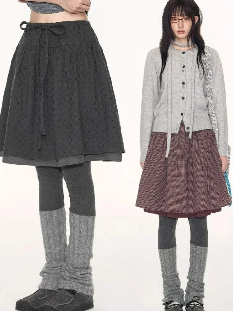 2025Faldas Mujer De Moda Chic Damesrok A-lijn Hoge Taille Losse Jupe Vintage Slanke Taille Koreaanse Saia Bandage Geruite Rokken