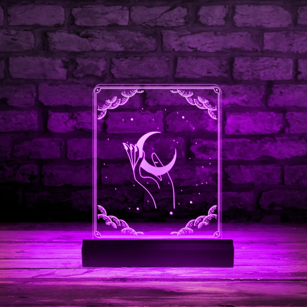 Witch Hand Holding A Crescent Moon Desktop Display Sign LED Lighted Edge Lit Acrylic Board Boho Style Astronomy Lighting Decor