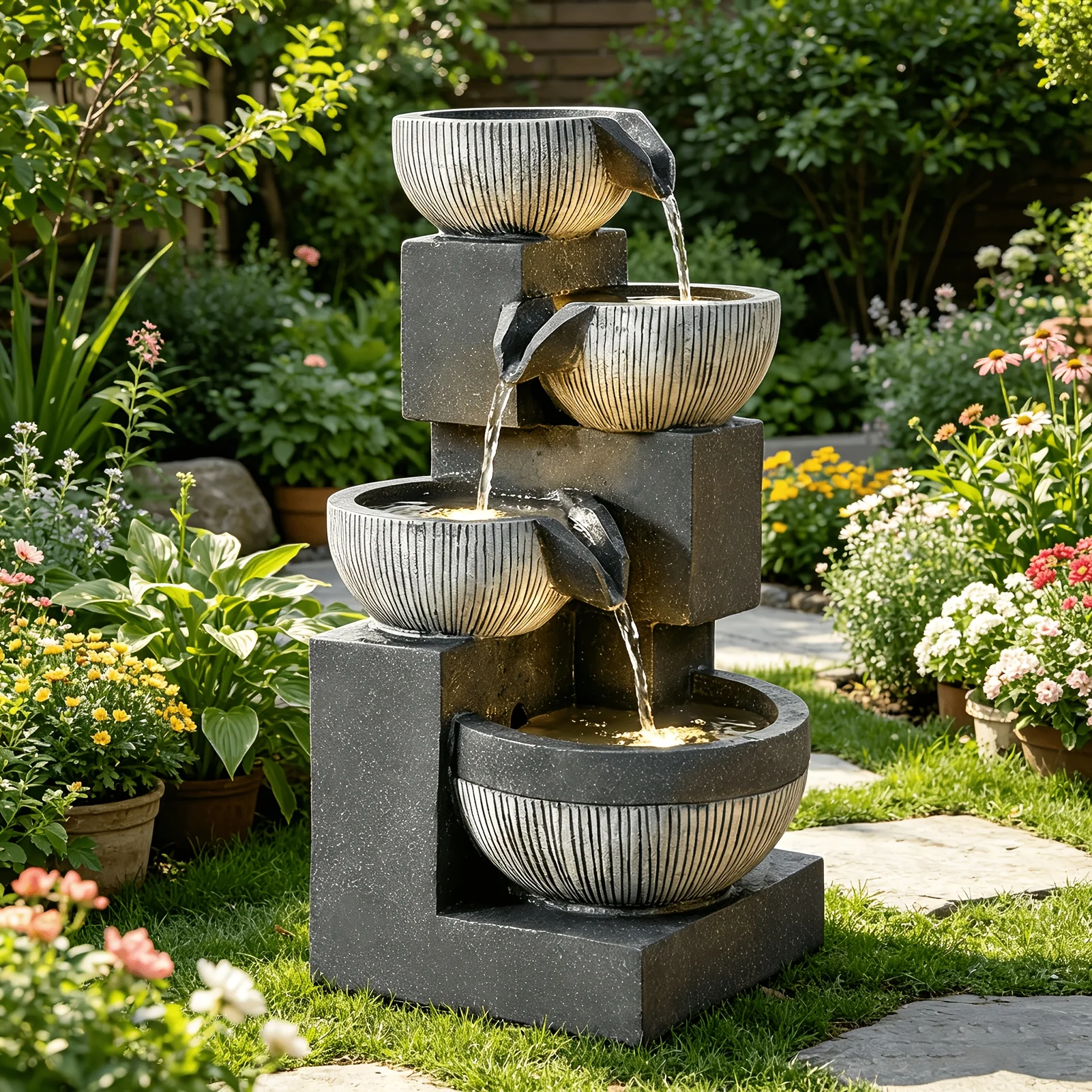 18.7"H Indoor Water Fountain 4-Tier Garden Cascading Bowls Tabletop Waterfall Fountain with LED Lights And Silent Pump Floor Standing Water Feature for Home Decor Office Living Room Meditation And Relaxation Gray 10.6"Lx9"Wx18.7"H