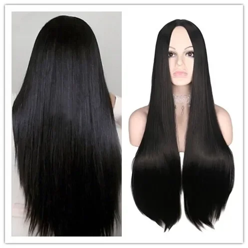 QQXCAIW Long Straight Middle Part Wigs Black Heat Resistant Synthetic Hair Wigs For Women Girls Party