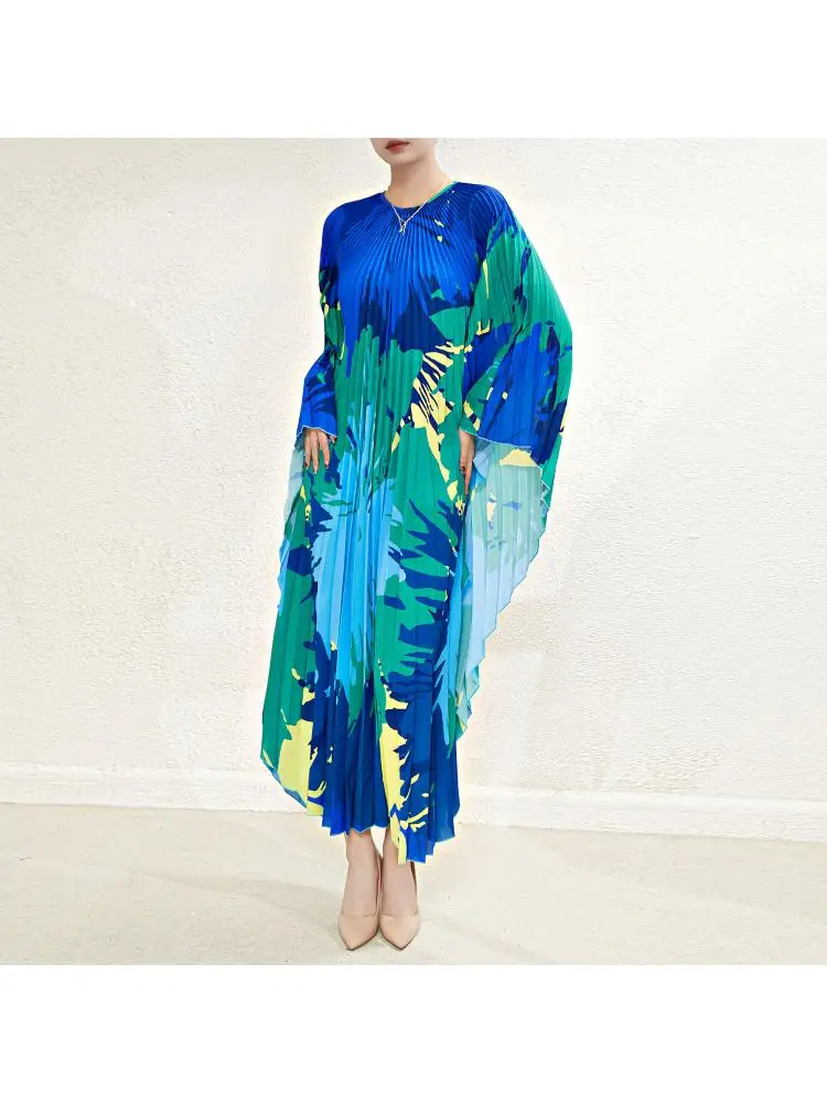 

Ansman 2023 Summer Miyake Pleated Abstract Floral Crewneck Bat Sleeves Loose Mid-length Irregular Women's Dress New