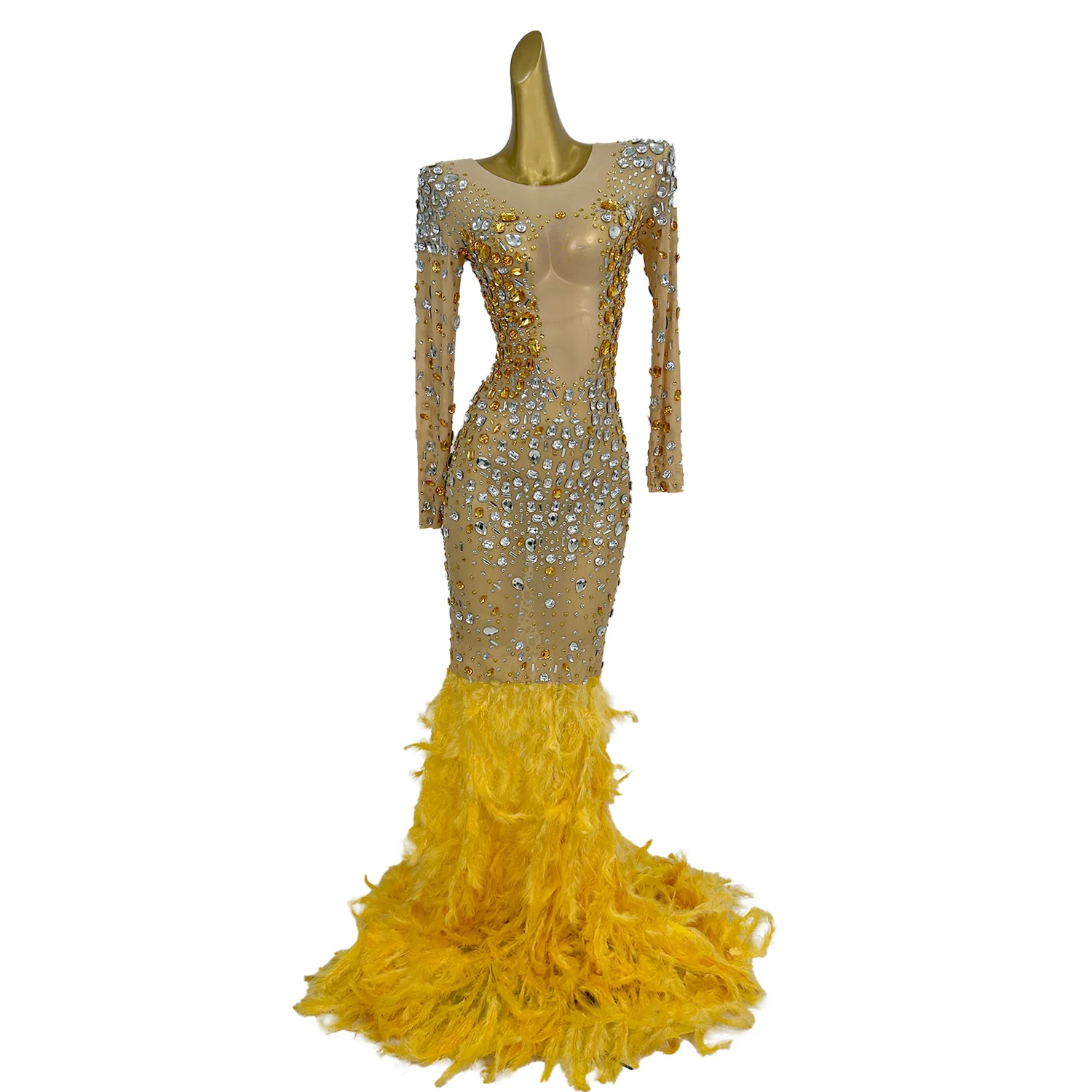 Luxuoso cristais de ouro malha vestidos de penas longas para mulheres aniversário celebrar noite vestidos de baile cantor palco wear baijinyumao