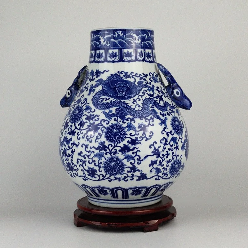 Double eared Dragon Playing Pearl Zun Blue and White Porcelain Jingdezhen Living Room Flower Arrangement Decoration Vase