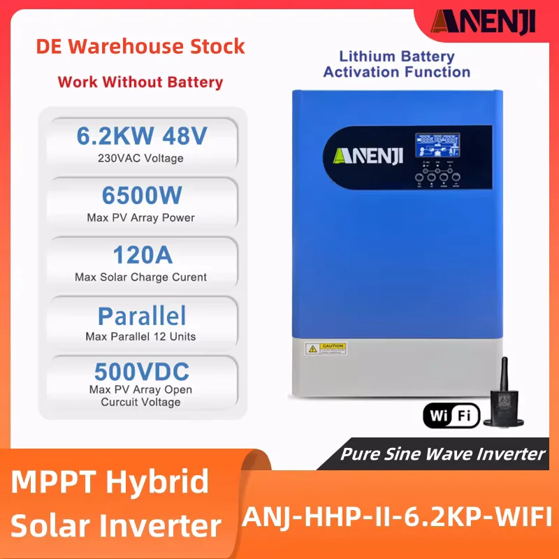 6.2KW Parallel Hybrid Solar Inverter 48V 120A MPPT Solar Charger Pure Sine Wave 500VDC PV Off-Grid Inverter Work Without Battery