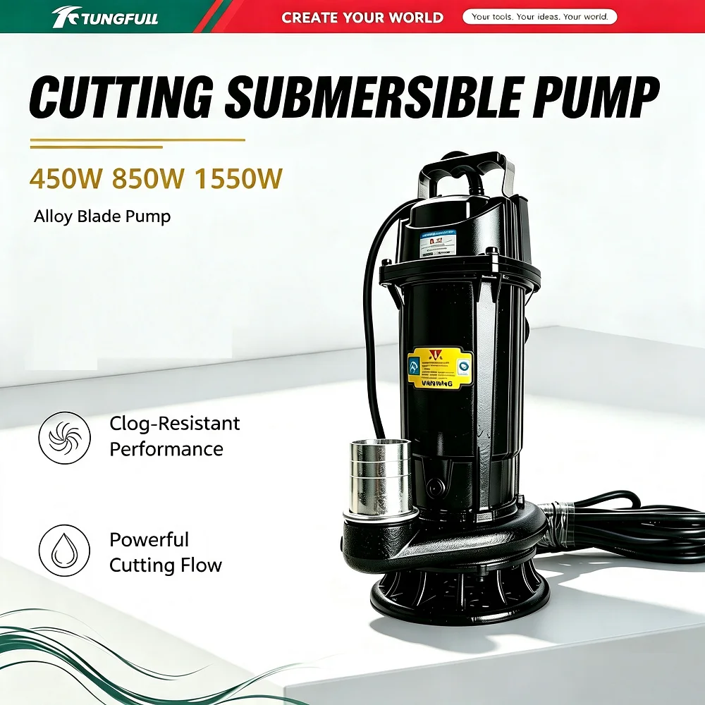 Small Submersible Sewage Cutting Pump 450W 850W 1550W Anti‑Clog Waste Water Pump For Farm Septic Tank Drain Work