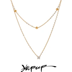 Yhpup Delicate Stainless Steel Cubic Zirconia Double Layer Chain Necklace for Women Korean Style Exquisite Jewelry Gift