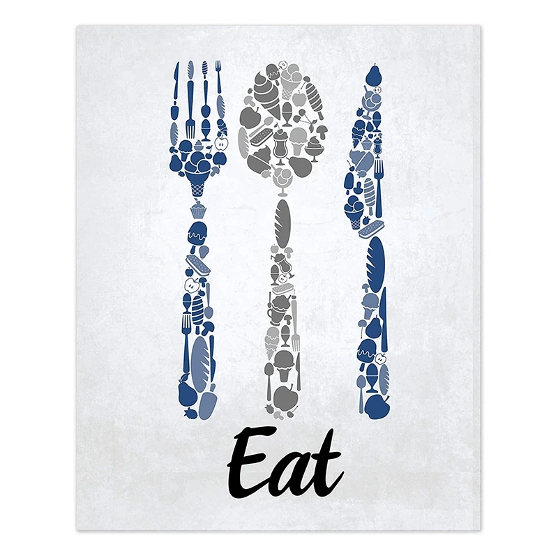 Blue Navy Cobalt Grey White Vintage Inspirational Kitchen Restaurant Cafe Bar Wall Art Decorations Eat Drink Love Wine