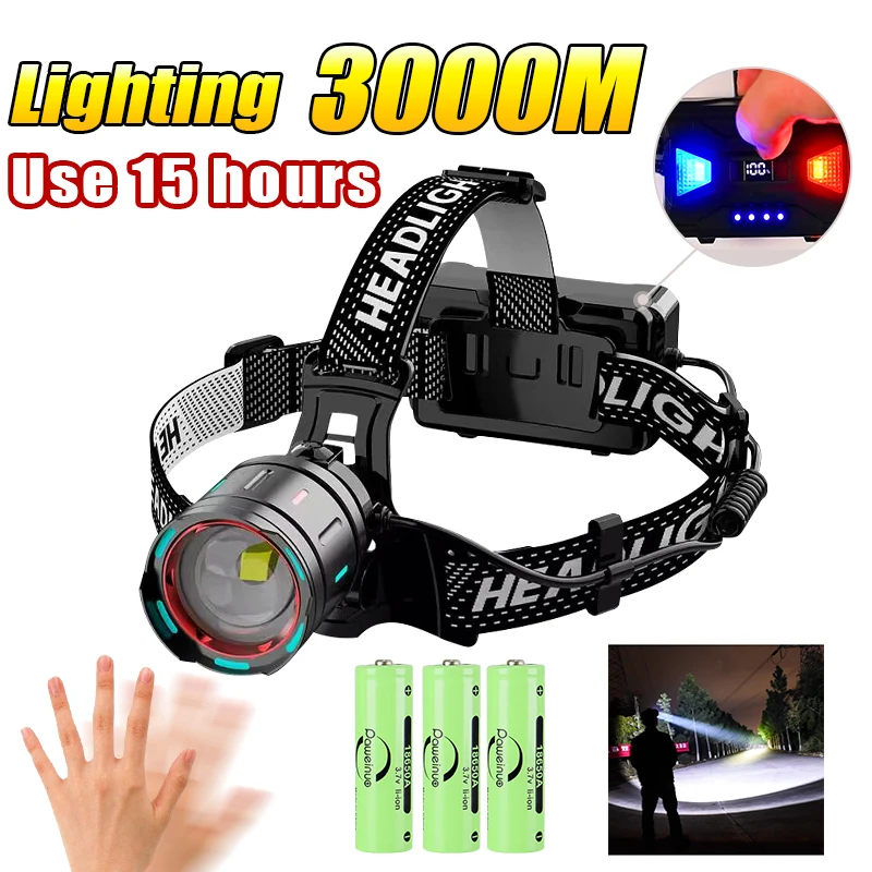 10000LM Ultra Powerful Led Headlight Usb Rechargeable Induction Headlamp Zoom Waterproof Long Shot 3000M Head Flashlight Camping