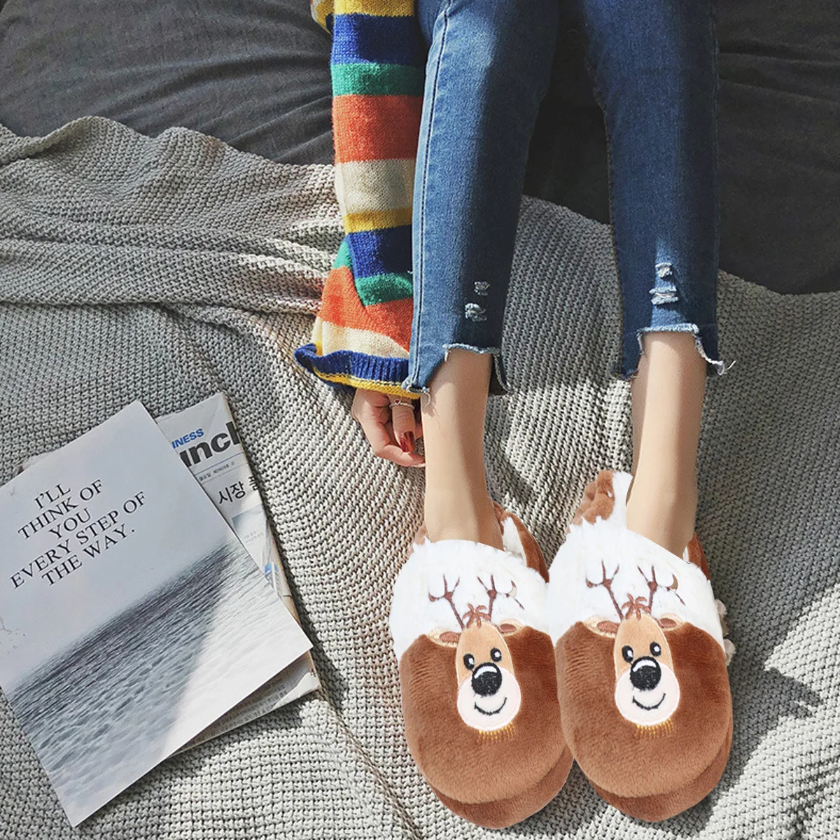 

1 пара детских зимних теплых 17/18 коричневых 17,5 см внутренняя длина с рождественским узором лося, нескользящий хлопок для дома и улицы, подарок для детей