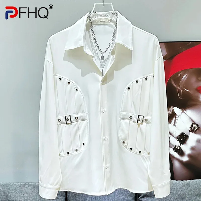 

PFHQ Korean Fashion Casual Personalized Metal Rivet Decoration Design Shirts 2024 Summer New Pleated Trendy Shirt 21Z5300