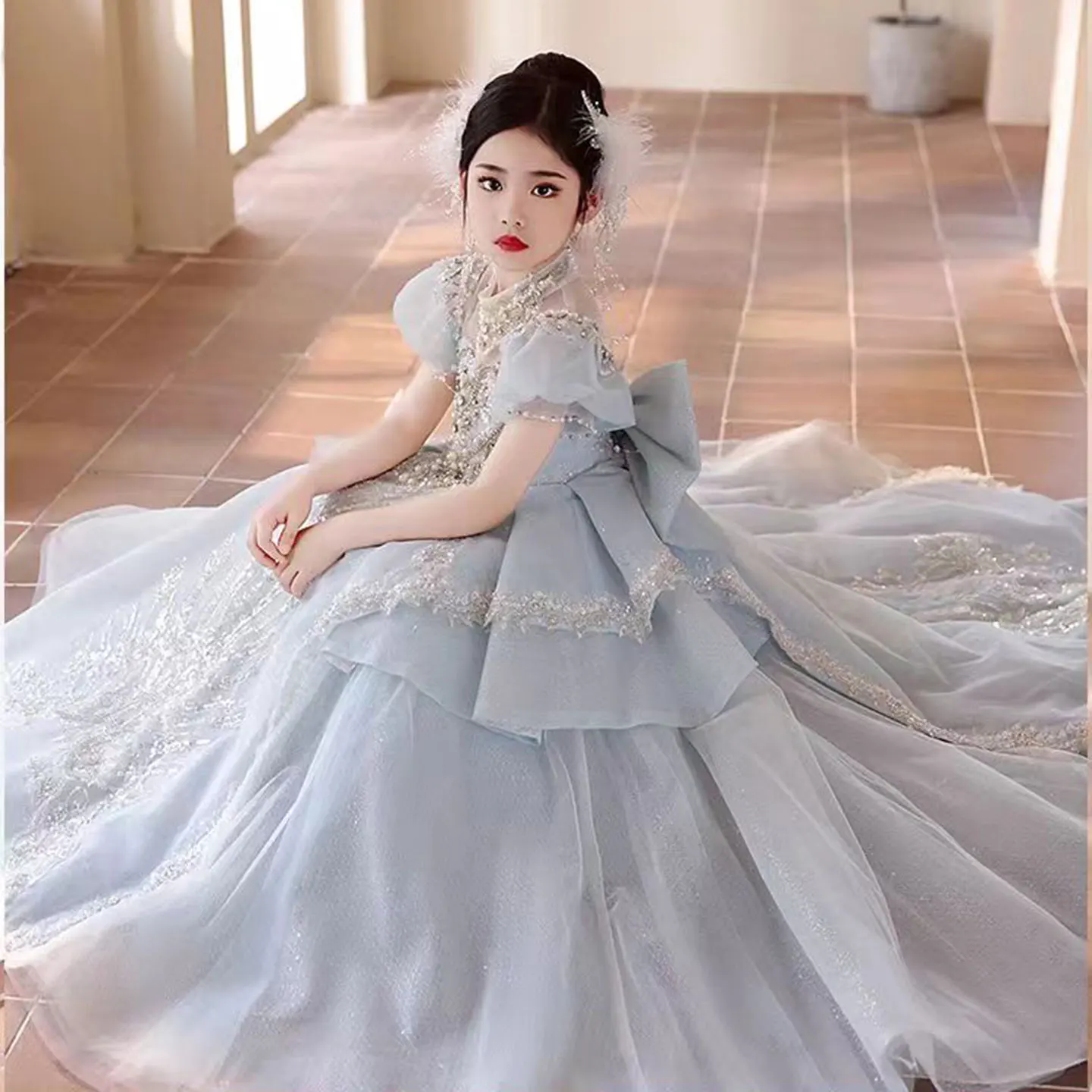 Jill Wish Luxury Blue Crystal High Neck Girl Dress Bow Long Train Arab Kids Princess Wedding Birthday Party Holiday Gown J333