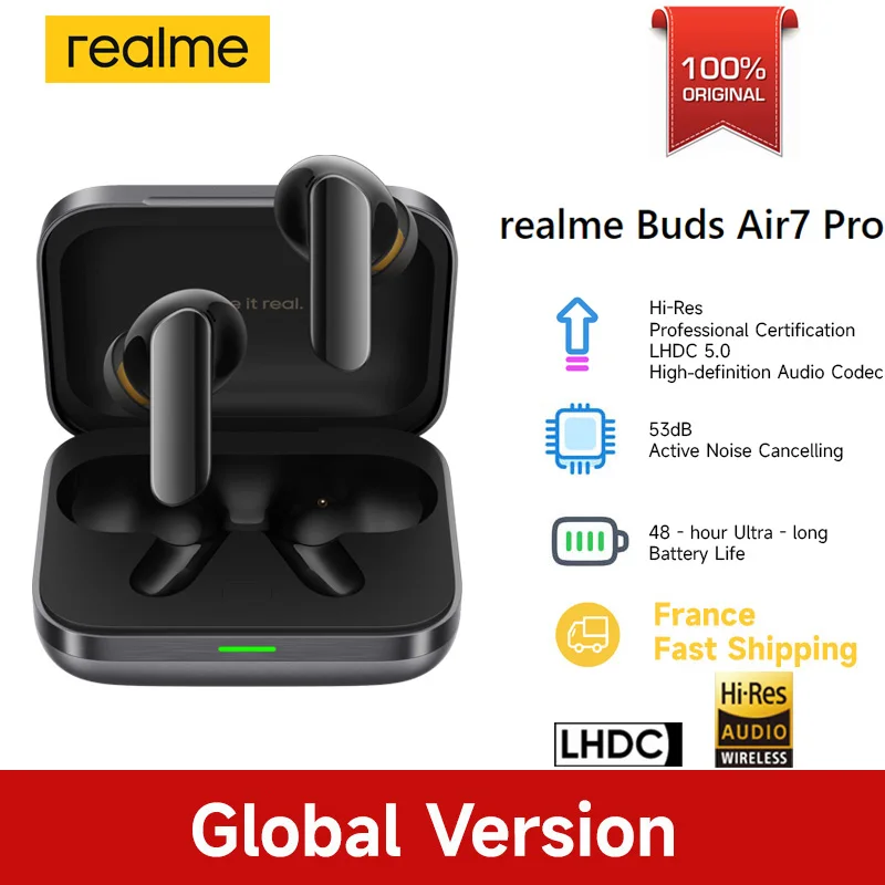 Versión global realme Buds Air 7 pro 53dB Cancelación de ruido en aguas profundas Interpretación simultánea AI LHDC 5.0 Bluetooth 5.4