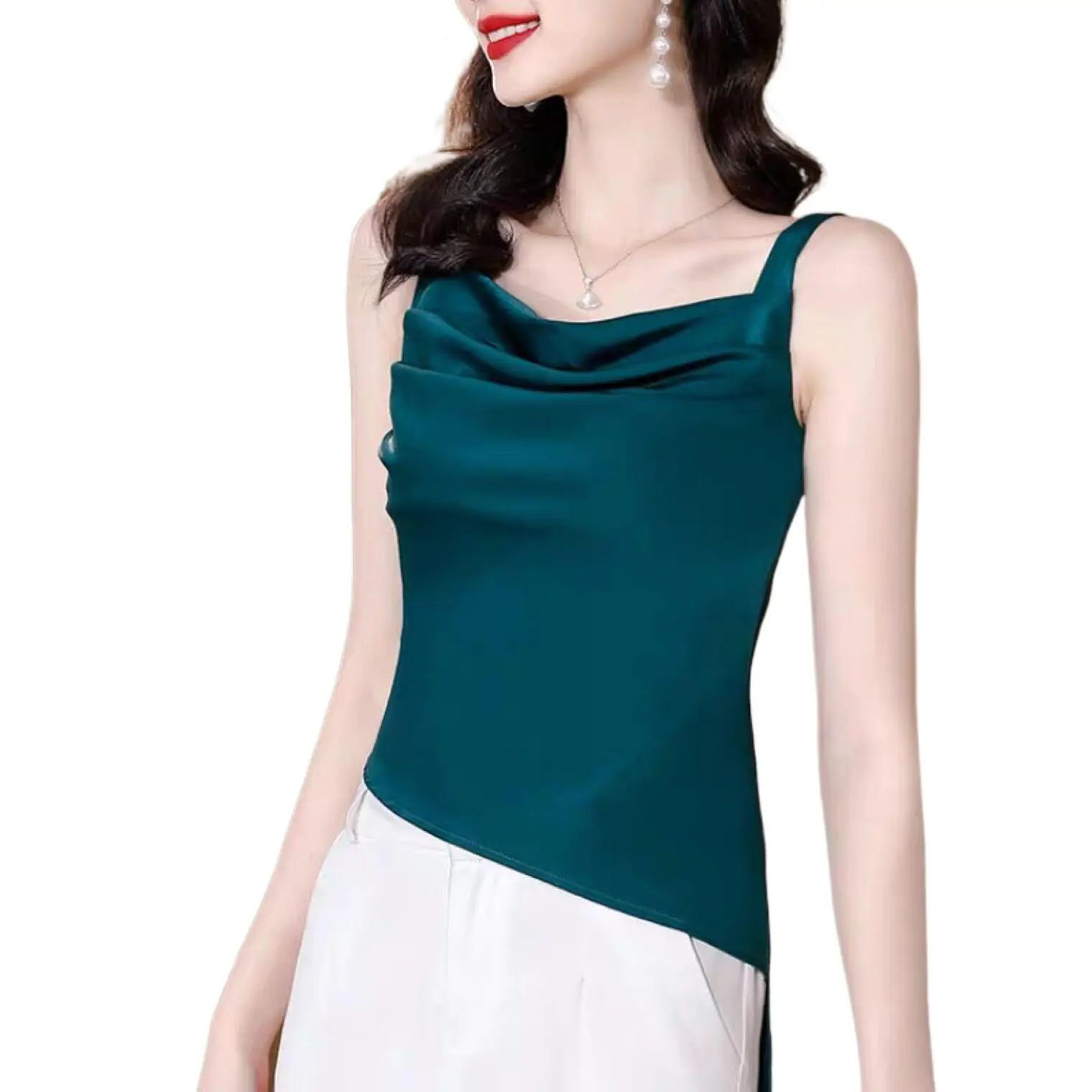 

Асимметричная блузка 2026, модный сексуальный жилет из искусственного шелка на подтяжках, топ, офисная женская элегантная атласная рубашка с диким асимметричным распашным воротником