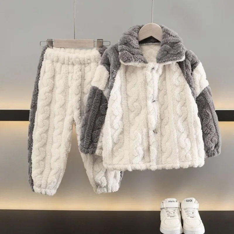 

Новинка 2023 года, осенне-зимний пижамный комплект из кораллового флиса для мальчиков, теплая зимняя одежда для сна для маленьких мальчиков, утепленная стеганая домашняя одежда для детей