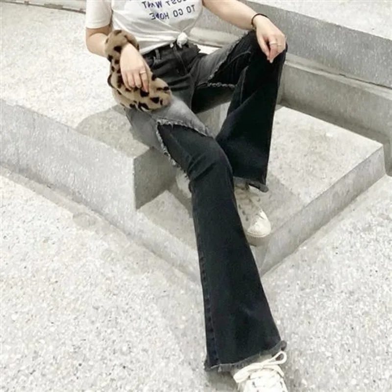 

Джинсы-клеш с высокой талией, женские эластичные серые джинсы с бахромой, модный повседневный стиль, удобный отдых TT975