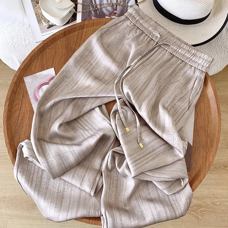 

Breathable Pants for Women, Summer Thin High-Waist Draped Cool Sun-Proof Straight Satin Floor-Length Pants