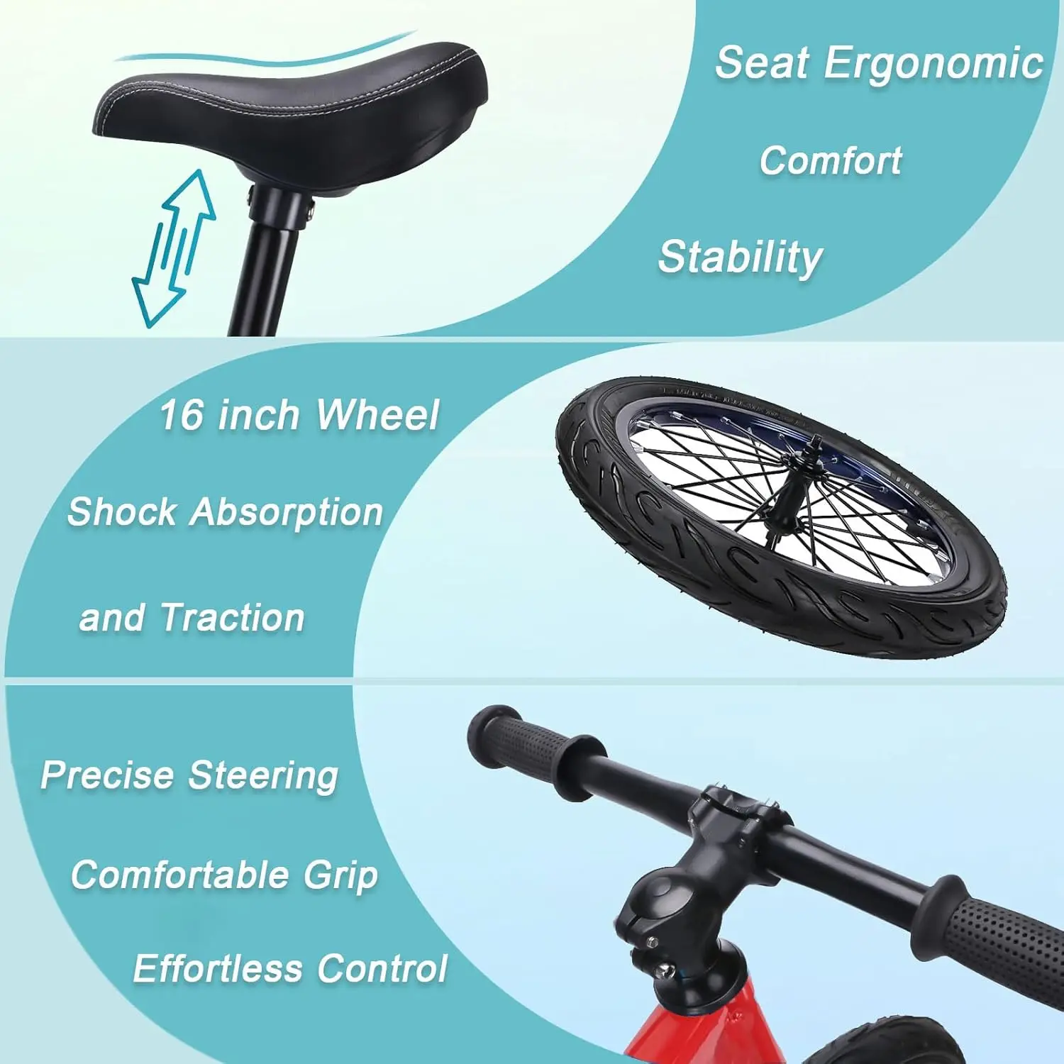 Bicicleta de equilíbrio de 16 polegadas para crianças grandes de 4 a 8 anos, sem pedal, bicicleta de treinamento esportivo, assento ajustável, pneumática