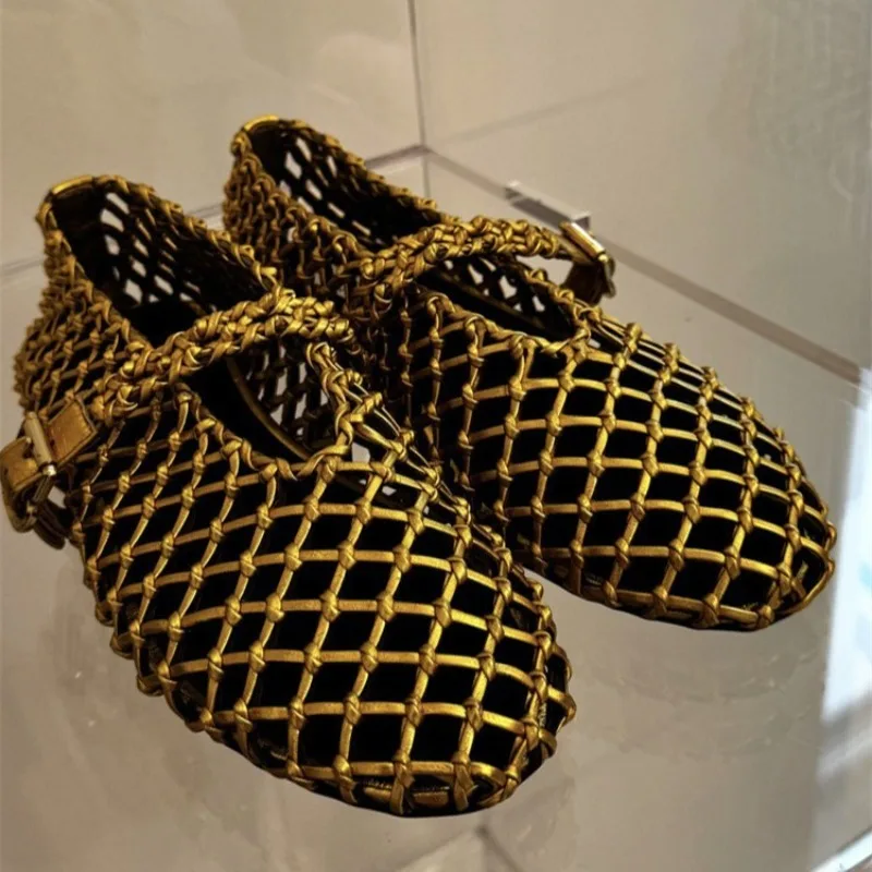 

New Spring/Summer Woven Hollow-Out Mary Jane Ballet Flats for Women - Stylish, Versatile, and Flat