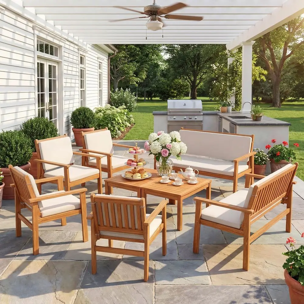 

Patio Furniture Set 8 Pieces Acacia Wood Outdoor Furniture, Patio Set with Table amp Cushions for Garden, Deck, Backyard, Natur