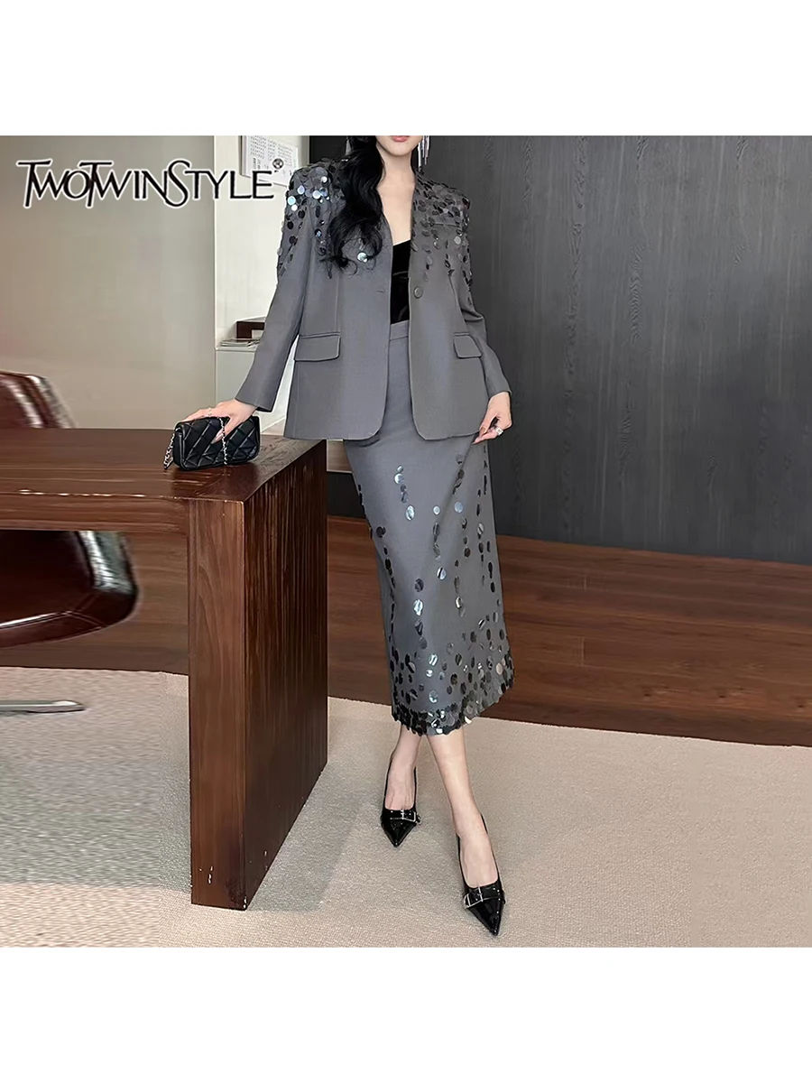 

TWOTWINSTYLE Solid Spliced Sequines Two Piece Set For Women Lapel Long Sleeve Coat High Waist Temperament Skirt Sets Female New