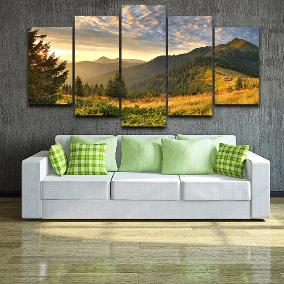 

5 Pieces Canvas Wall Art Sunset Mountain Clouds Green Nature Landscape Decor Print Living Room Home Decoration Bedroom Mural