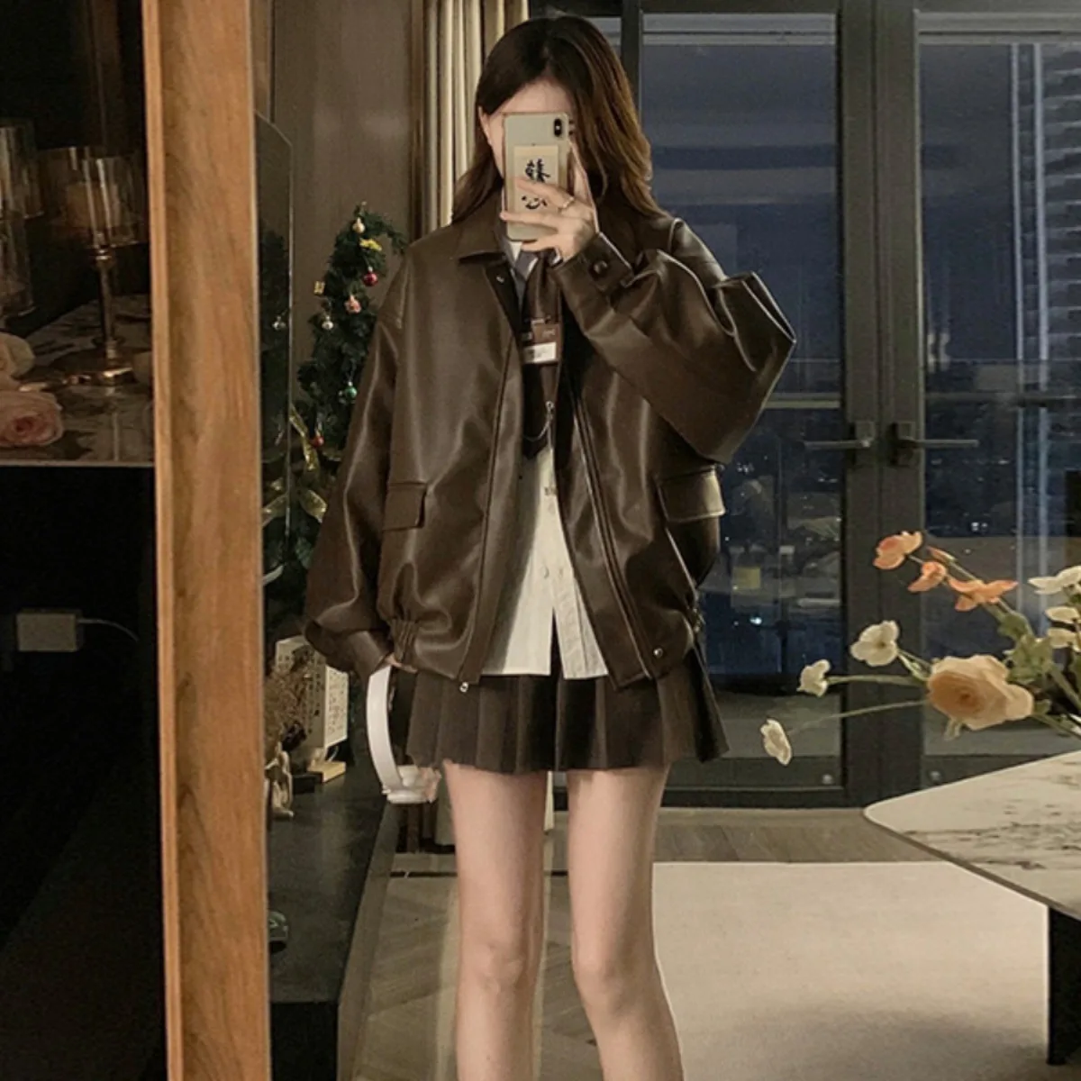 معطف نسائي من جلد البولي يوريثان للدراجات النارية من Or American Sle لخريف وشتاء وصل حديثًا مقاس صغير ودية وفضفاضة من البوليستر...