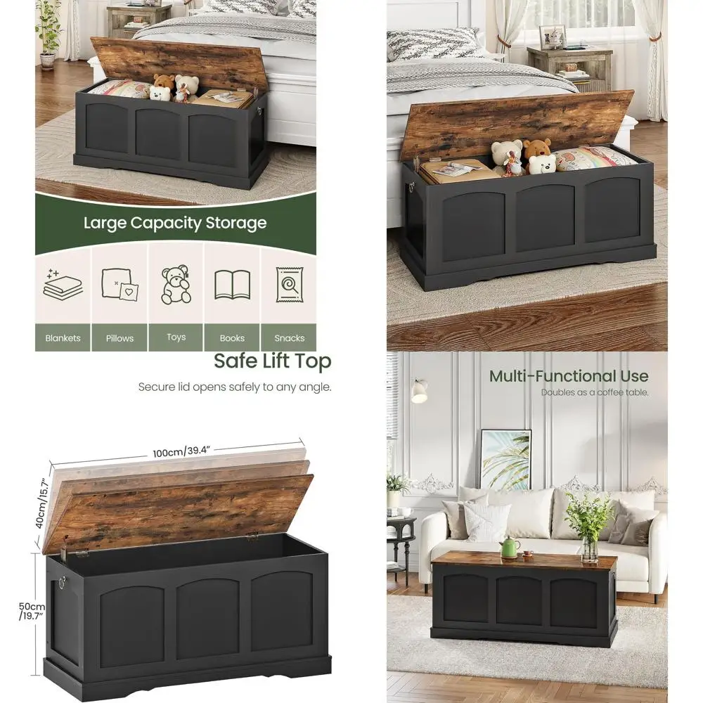 Cofre de almacenamiento con tapa elevable, caja de juguetes con bisagra de seguridad, almacenamiento de zapatos de entrada, maletero de madera, capacidad para 220 lb, para salón y dormitorio, negro