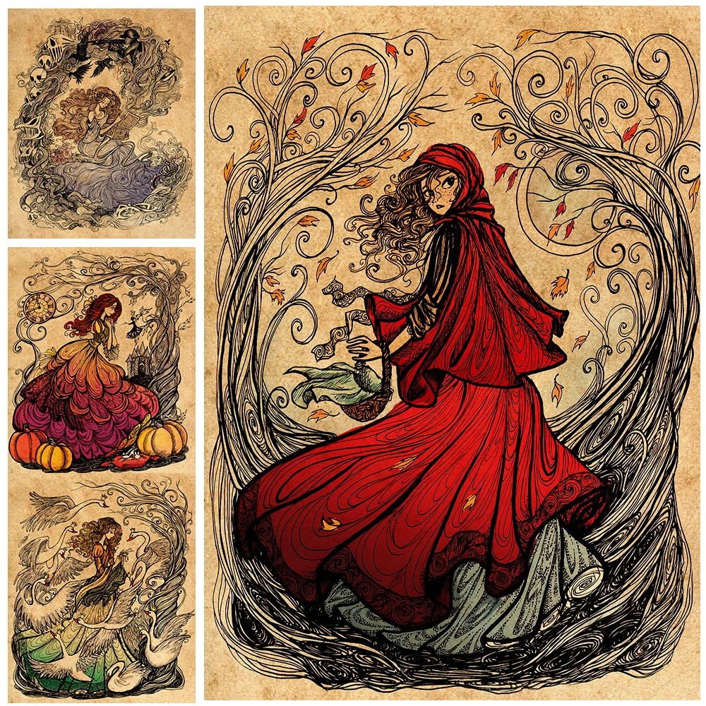 

The Swan Princess And Pandora Box Vintage Wall Art Canvas Print The Red Robe Witch In The Spooky Forest Art Poster Print Decor