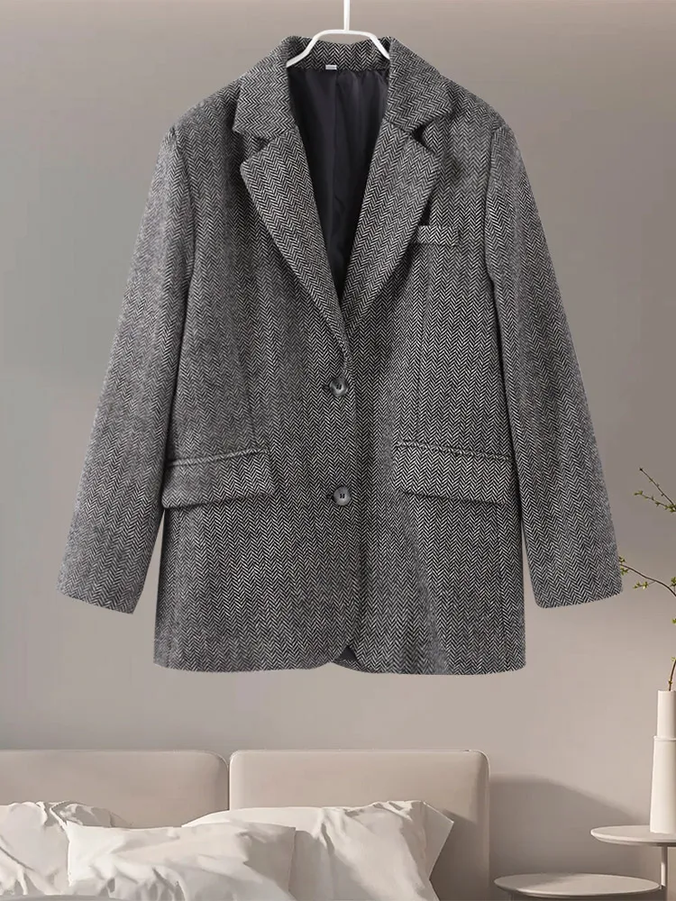 

Herringbone Wool Tweed Women Suit Blazer New Single Breasted Lapel Jacket 2025 Autumn Winter Formal Fashion Coat Lady Outwears