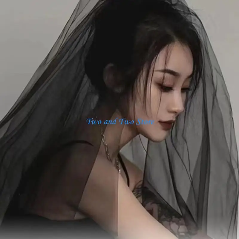 

HX6F Punk Wedding Bride Tulle with Lace Floral Trim Elegant Bride Prom Party Tiaras Women Long Veil for Taking Photo Supplies