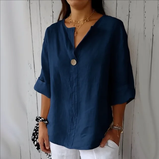 VEITCHE Spring Summer Women's Shirt Blouses Top V-neck Button Tee Shirts  3/4 Sleeve Casual Cotton Linen Top Loose Fit Pullover 6