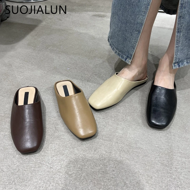 SUOJIALUN Summer Flat Heel Women Slipper Fashion Ladies Casual Round Toe Slip On Mules Shoes Outdoor Soft Leather Sandal Slides