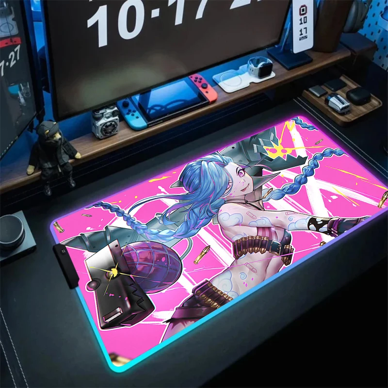 High Quality L-league of Legends Jinx Gaming LED Mouse Pad Laptop Gamer RGB Mousepad Cool Anime Antislip Mat Keyboard Desk Mats