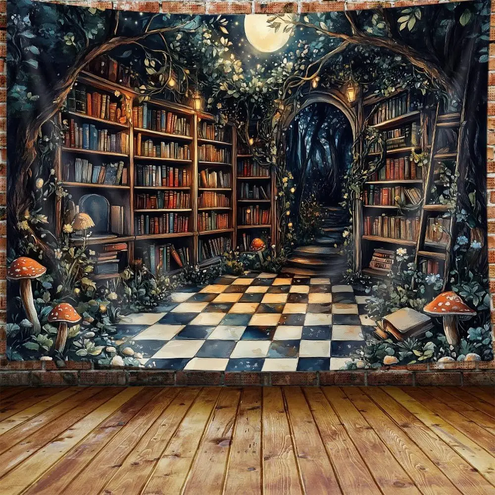 Magical Forest Tapestry, Fairytale Tree Magic Bookshelf Aesthetic Tapestries for Classroom, Witchy Fairy Tree Mysterious Vintage - view 6