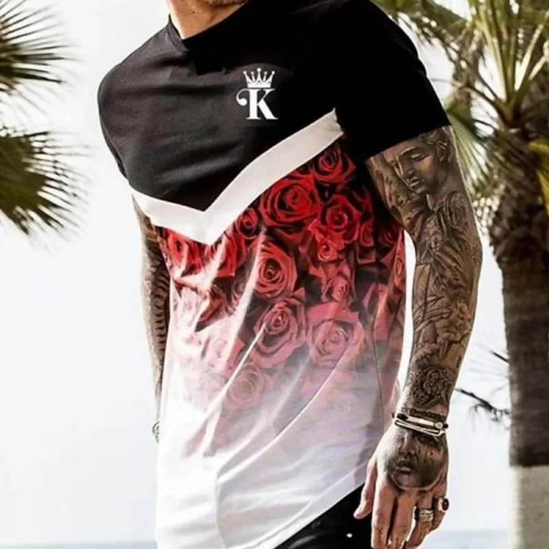 ثلاثية الأبعاد مطبوعة الملك روز تي شيرت للرجال الملونة المشارب نمط تيز الصيف س الرقبة قصيرة الأكمام بلايز عادية الشارع فضفاض تي شيرت #2