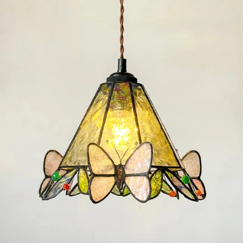 French Vintage Style Butterfly Glass Pendant Lights for Bedroom Study Ambiance Bedroom Accessories Semicircle Delicate Fixtures