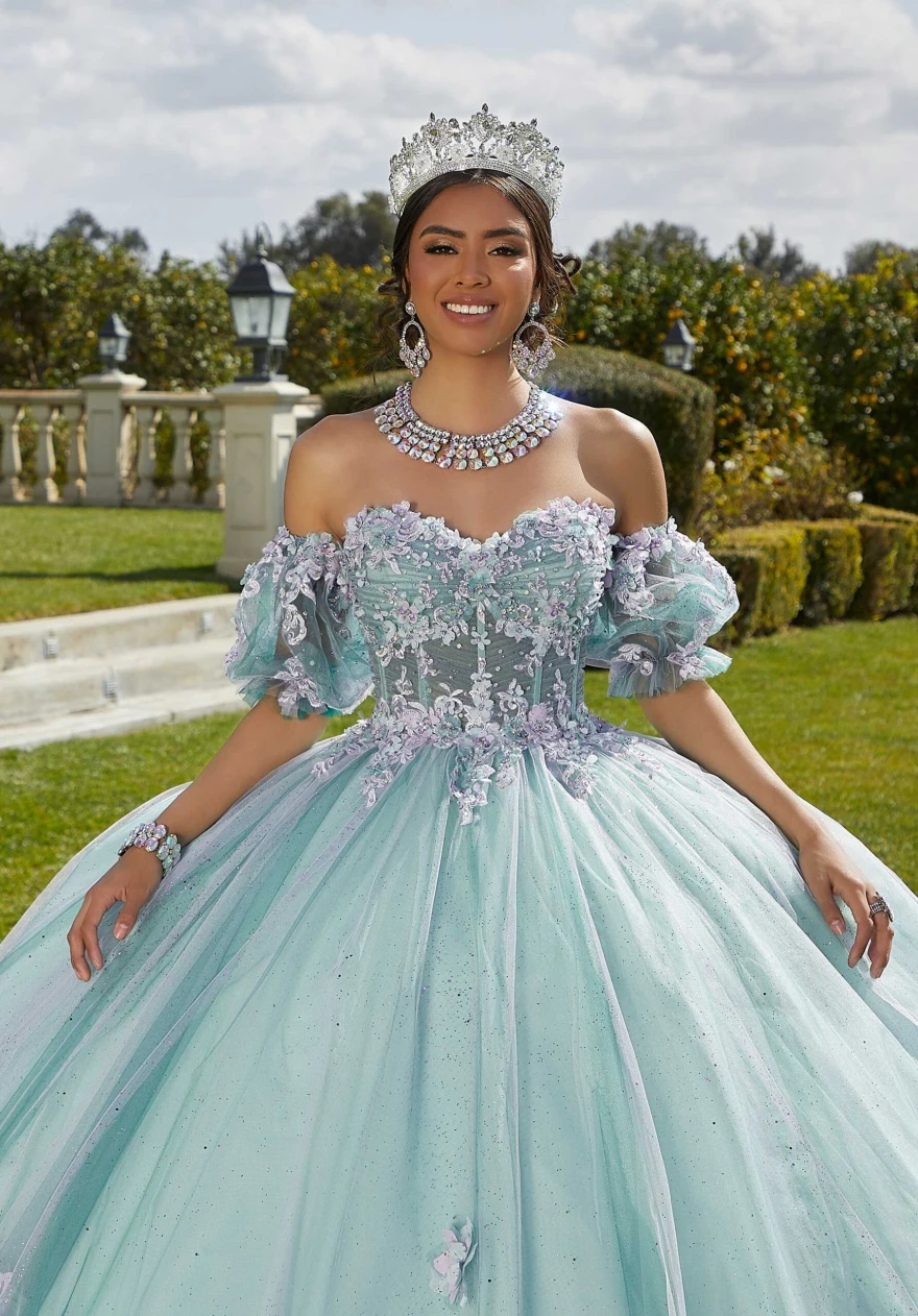 YQDree-Robe de Quinceanera Menthe Personnalisée, Robe de Bal, Fleurs, Manches Bouffantes, Corset, Appliques de Perles, 2024