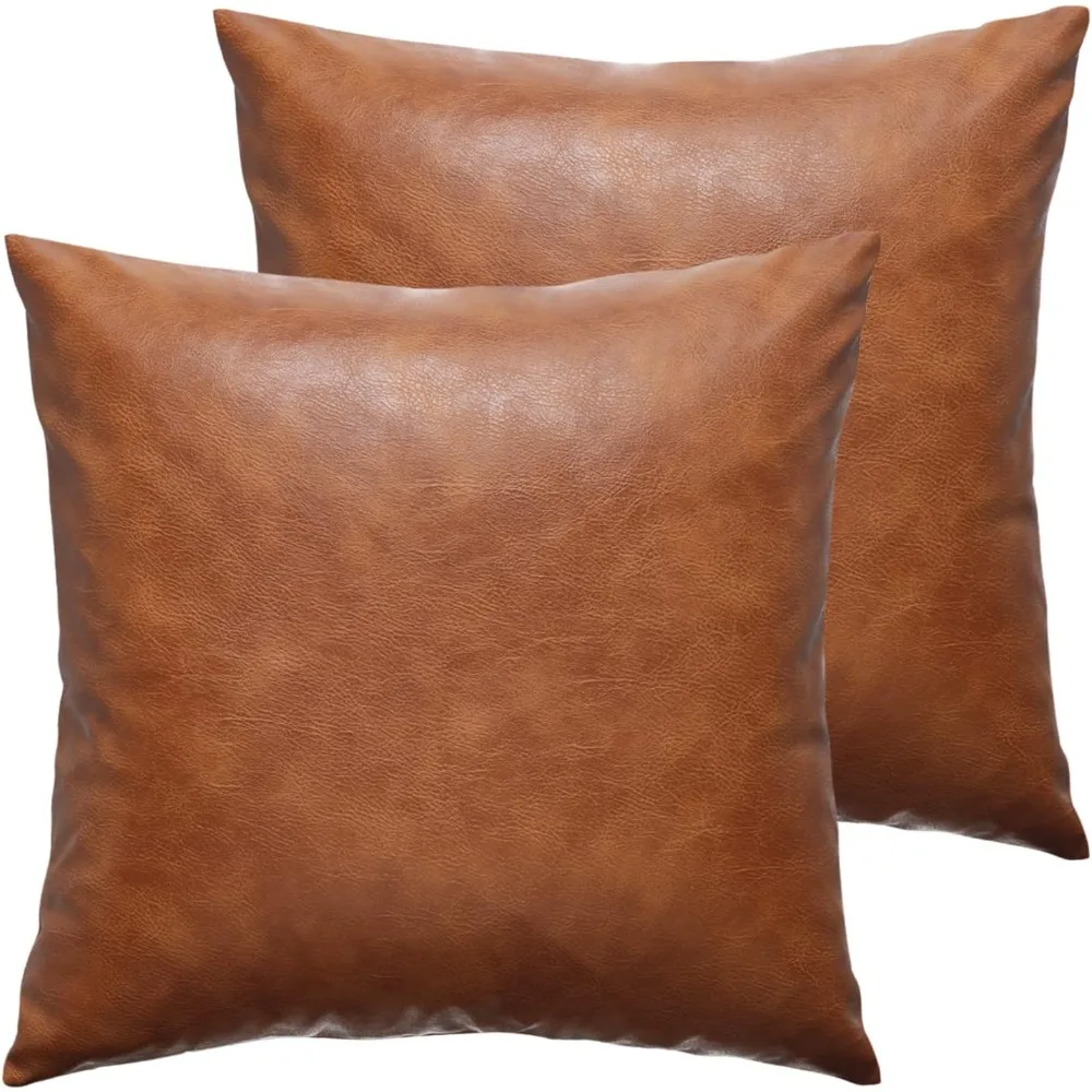 

Brown Faux Leather Throw Pillow Covers, 24x24 Inches, Cognac Color, Modern Minimalist Style, Outdoor and Boho Decorative Pillowc