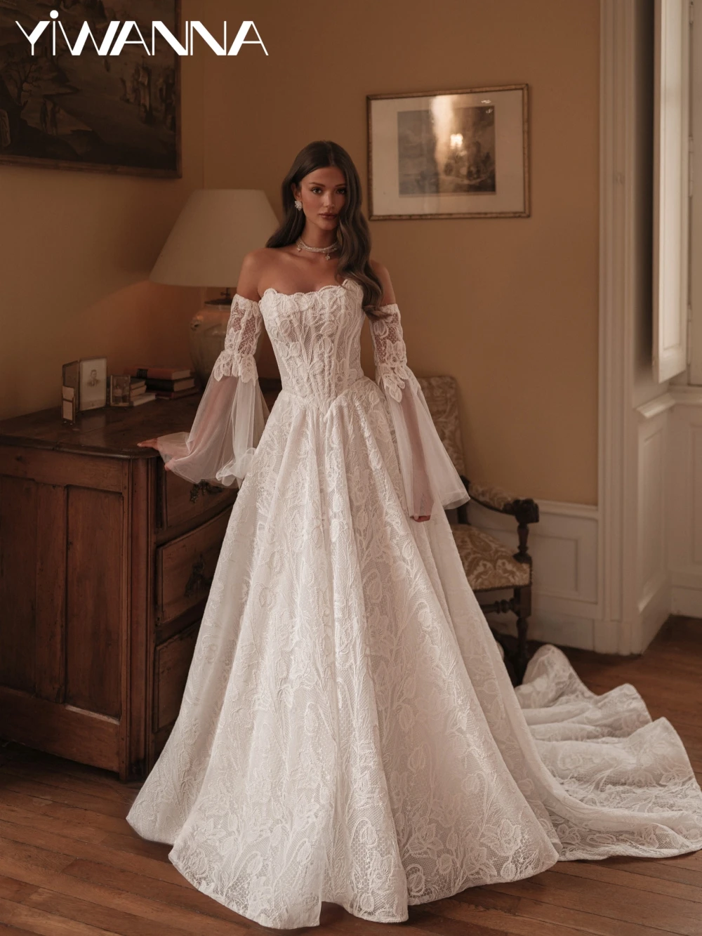 

Detachable Sleeves Lace A-line Long Wedding Dress Romantic Strapless Bridal Gown 2026 Customized Elegant Dresses For Bride