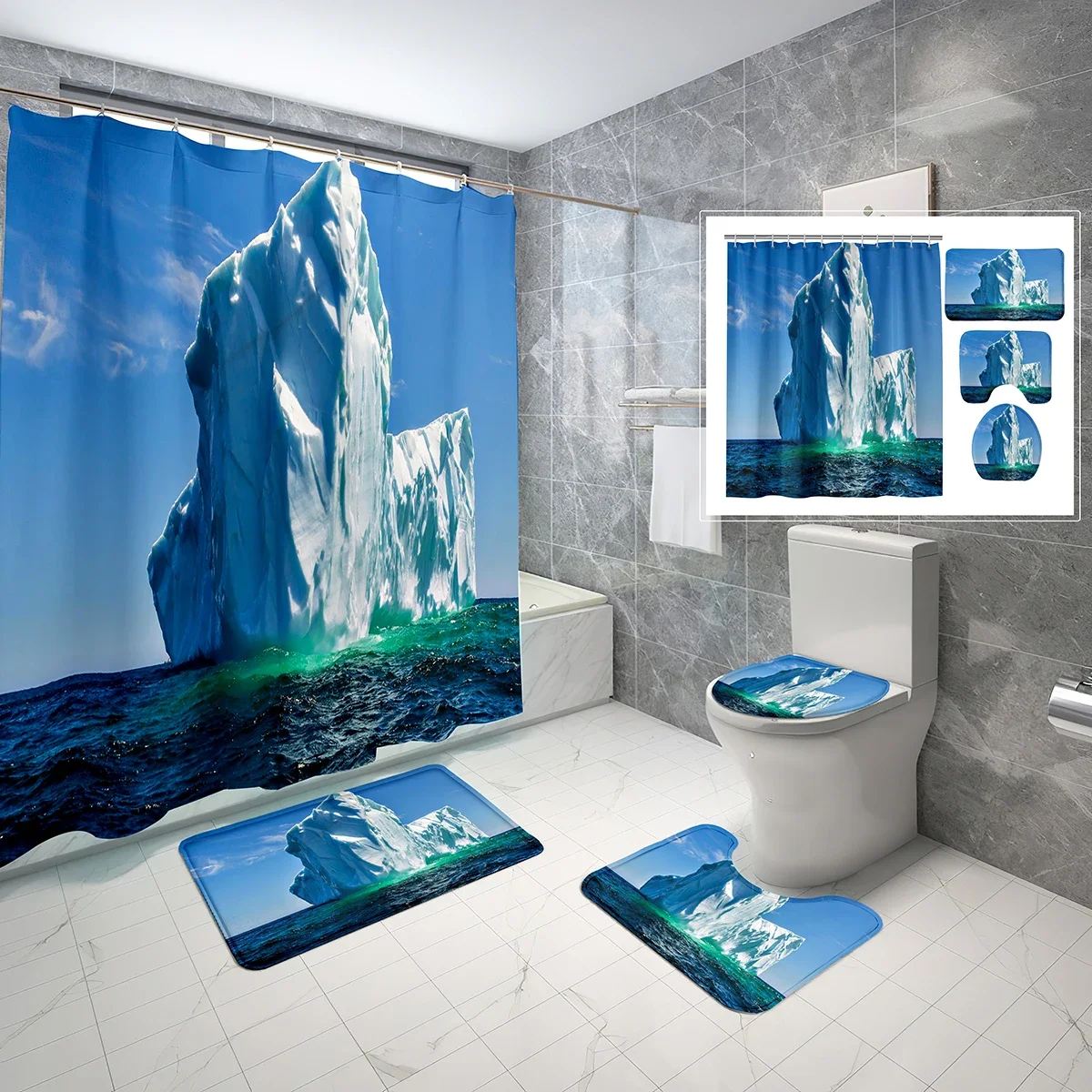 

4 Pcs Iceberg Shower Curtain Set Simple Iceberg Water Shower Curtain Bathroom Non-slip Bath Mat Toilet Cover Shower Curtain Set