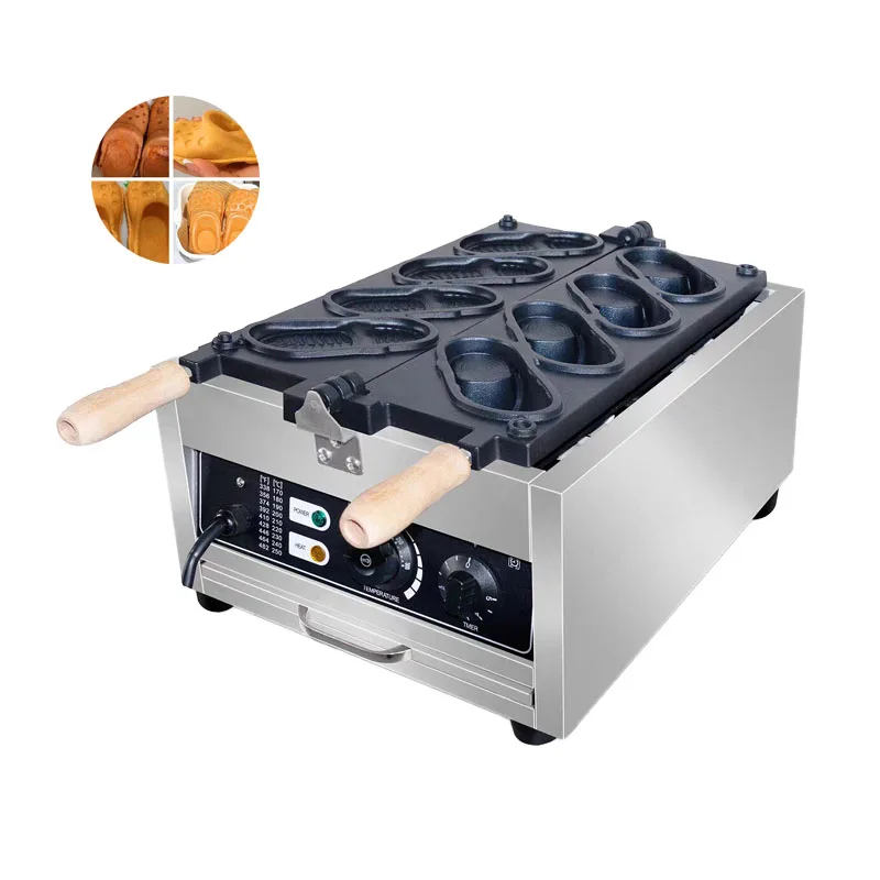 4구 새 디자인 상업용 전기 논스틱 스테인리스 스틸 구멍 신발 와플 메이커 기계 슬리퍼 모양 스낵 장비