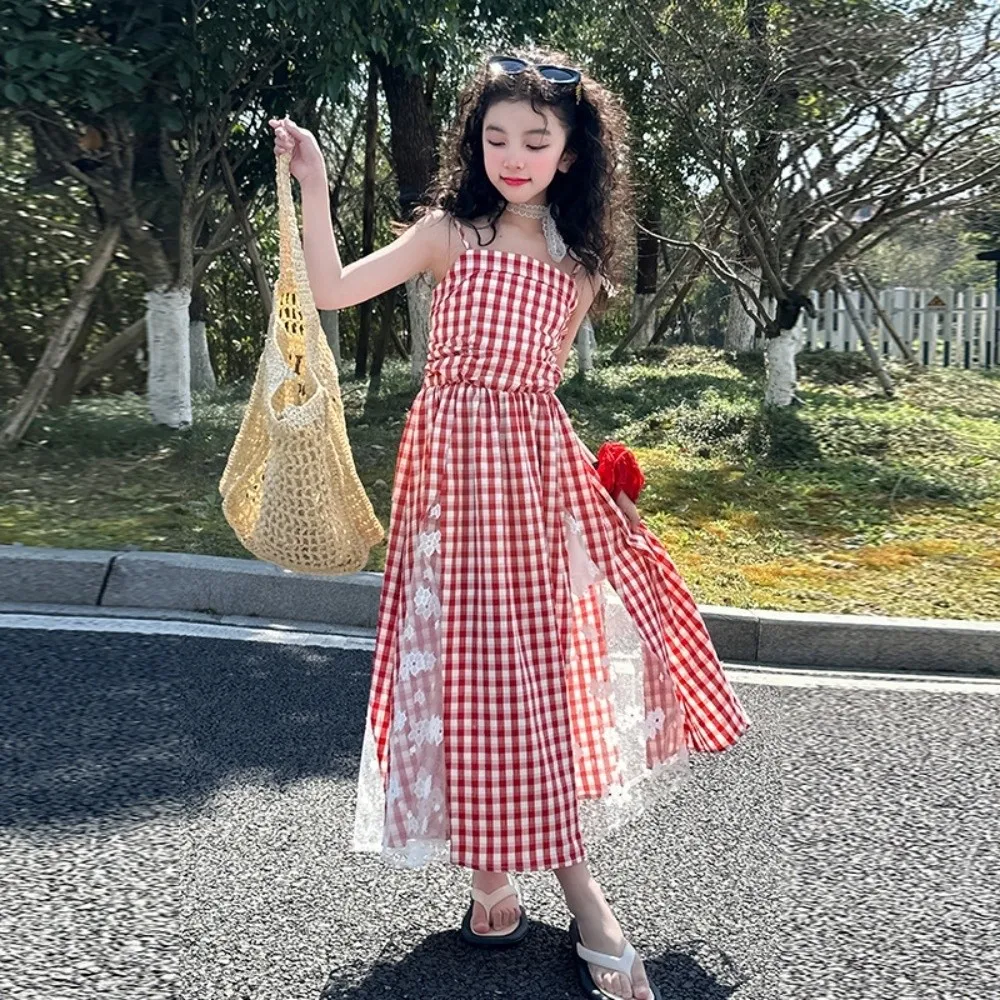 

Suspenders Children Plaid Dress Ruffled Sleeveless Kids Grid Long Dress with Mesh Lace Flower Long Girls Patchwork Skirt Party