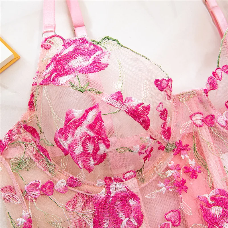 Sexy sutiã de renda breve conjuntos flores bordado underwire lingerie romântica rosa sem costura ultra fina roupa interior sensual conjunto exótico