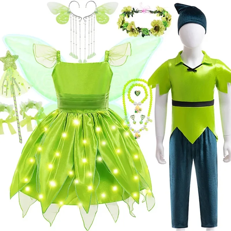 CHIOS Little  Tinkerbell Costume Green Forest Leaf Fairy Cosplay Dress Peter Pan Tinker Bell With Wings Halloween DisguiseCHIOS