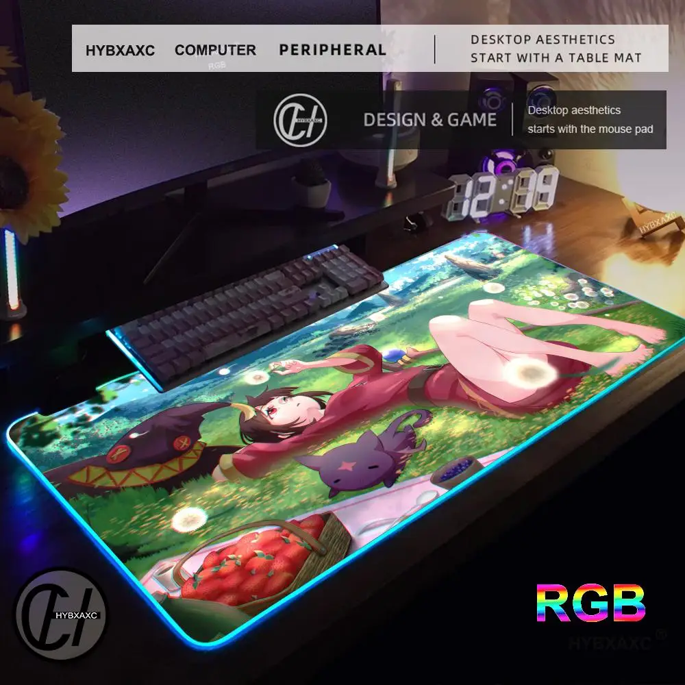 anime KonoSuba Megumin Mouse Pad RGB Gaming Mouse Pad Desk Mat HD Gamer Large LED Light XXL HYBXAXC MousePads PC Computer Carpet
