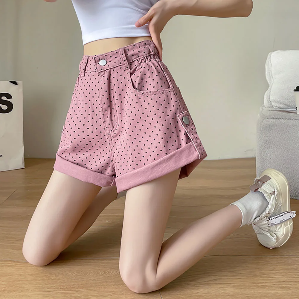 

Модные розовые джинсовые шорты в горошек для женщин, летние джинсы с высокой талией и широкими штанинами, женские повседневные свободные шорты