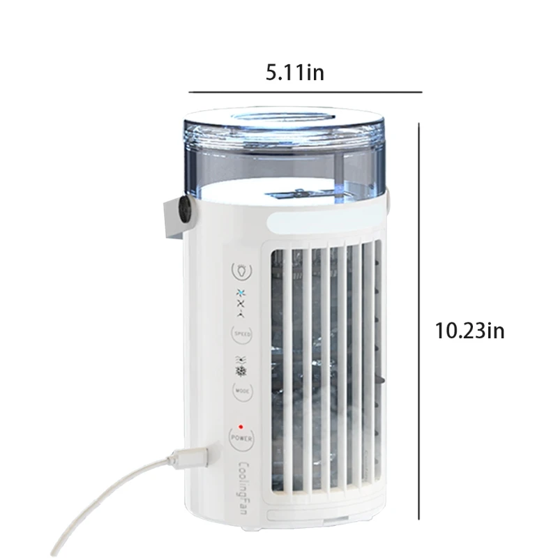 

Portable Air Conditioner Fan 480ml Water Tank Wind Auto Shut-off w/ Night Light Type-C Charging For Room Home Office Wholesales