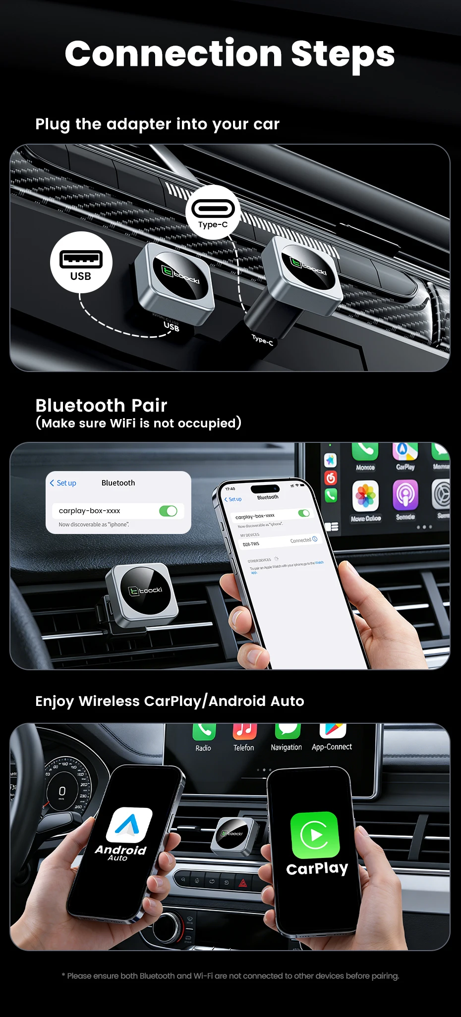 Toocki 2-in-1 Kabelloser CarPlay & Android Auto Adapter BT 5.3 WiFi 5G 2.4G Plug & Play USB-C für iPhone Android Auto mit kabelgebundenem CarPlay – Detail 10
