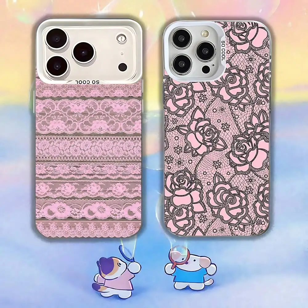 

Vintage Pink Lace Phone Case For iPhone 17,16,13,12,X,11,15,14,Pro,Max,Plus,SE4,Air,Mini White IMD HD Matte