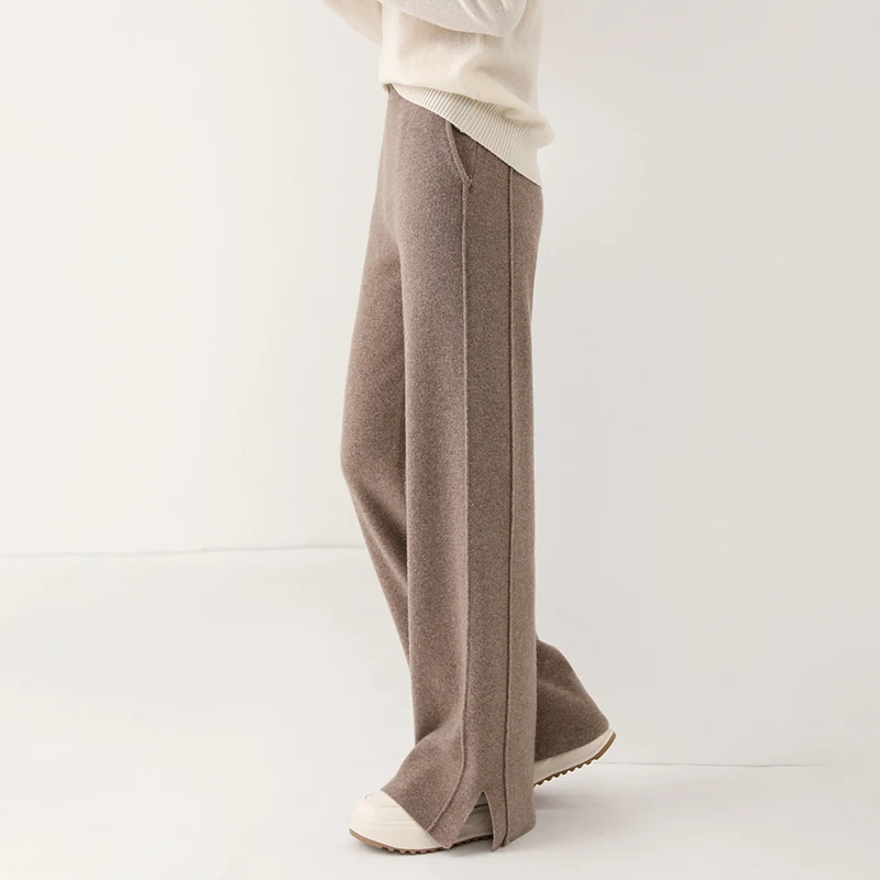 100% Australian wool knitted wide leg pants for women with sagging and split straight leg pants in autumn and winter